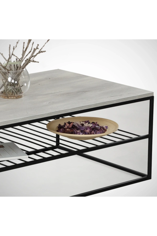 Pasific Home Etna Metal Ayaklı Orta Sehpa, Raflı Dikdörtgen Sehpa, Beyaz Meşe