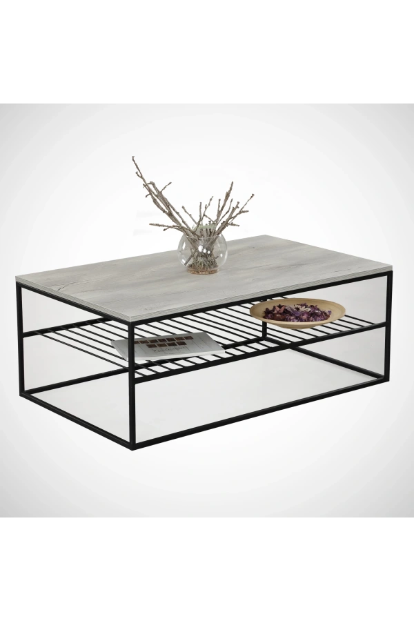 Pasific Home Etna Metal Ayaklı Orta Sehpa, Raflı Dikdörtgen Sehpa, Beyaz Meşe