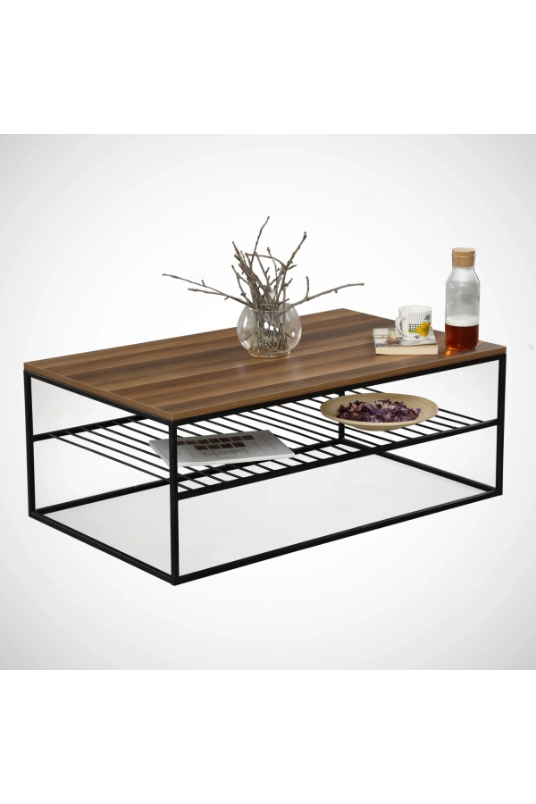 Pasific Home Etna Metal Ayaklı Orta Sehpa, Raflı Dikdörtgen Sehpa, Ceviz