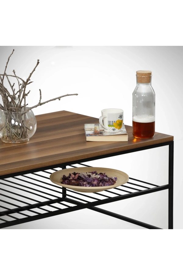 Pasific Home Etna Metal Ayaklı Orta Sehpa, Raflı Dikdörtgen Sehpa, Ceviz