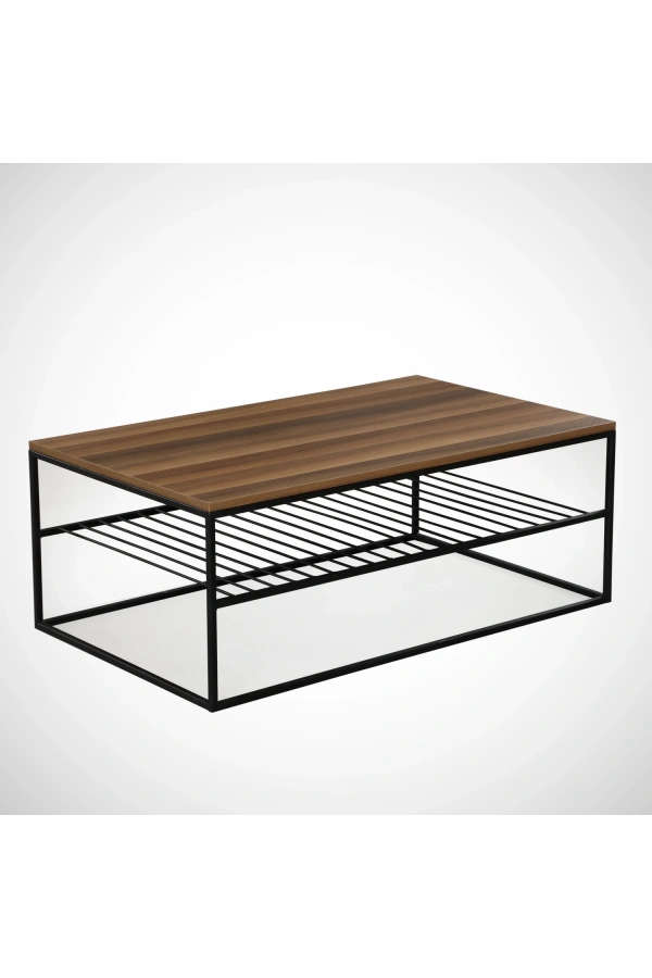 Pasific Home Etna Metal Ayaklı Orta Sehpa, Raflı Dikdörtgen Sehpa, Ceviz