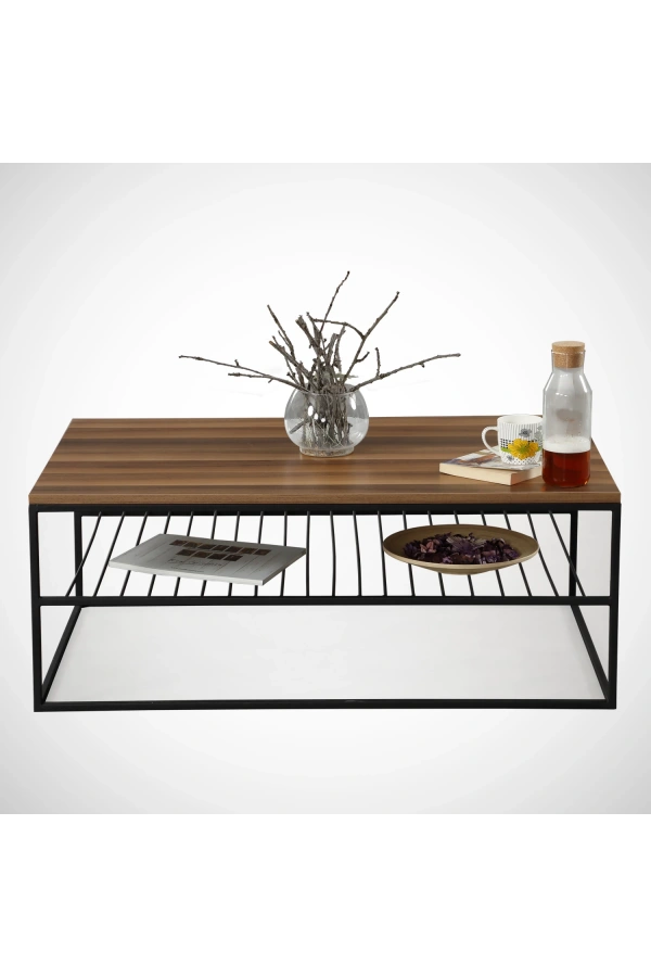 Pasific Home Etna Metal Ayaklı Orta Sehpa, Raflı Dikdörtgen Sehpa, Ceviz