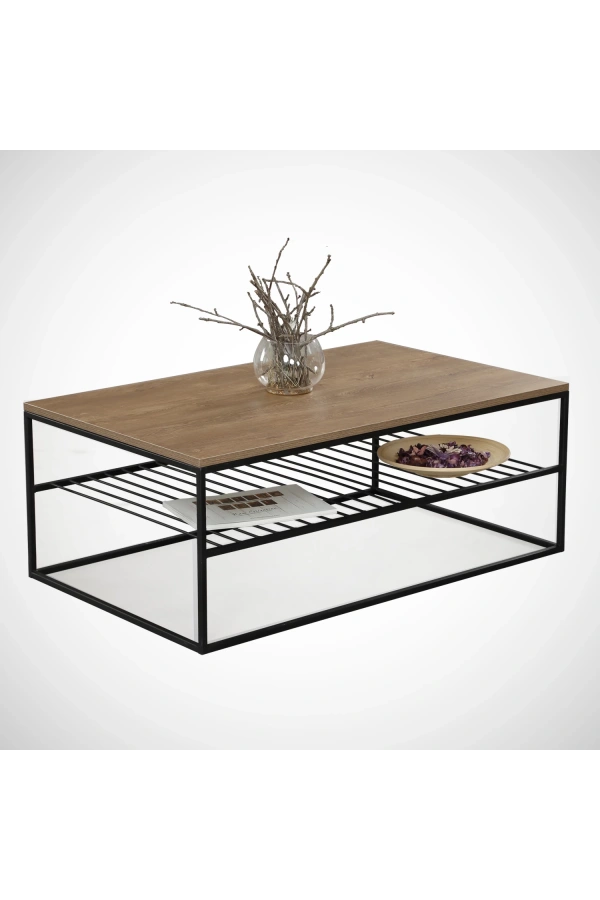 Pasific Home Etna Metal Ayaklı Orta Sehpa, Raflı Dikdörtgen Sehpa, Koyu Meşe