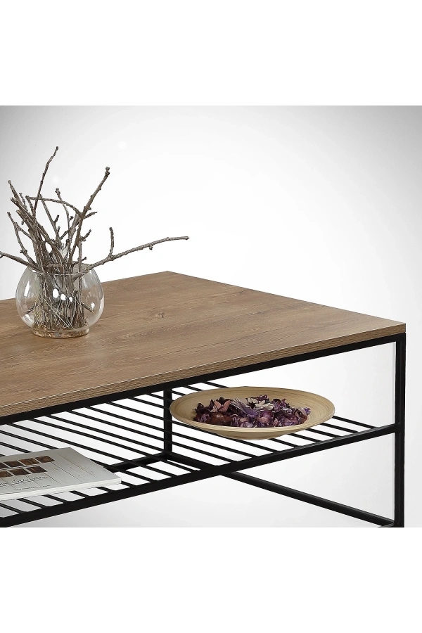 Pasific Home Etna Metal Ayaklı Orta Sehpa, Raflı Dikdörtgen Sehpa, Koyu Meşe