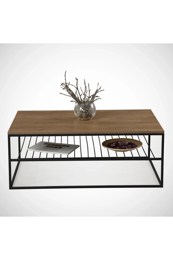 Pasific Home Etna Metal Ayaklı Orta Sehpa, Raflı Dikdörtgen Sehpa, Koyu Meşe