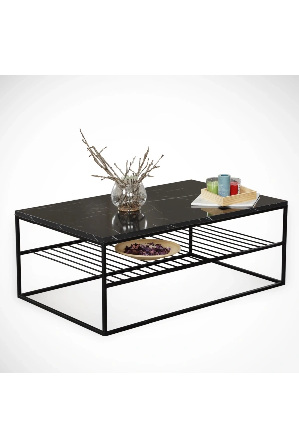 Pasific Home Etna Metal Ayaklı Orta Sehpa, Raflı Dikdörtgen Sehpa, Siyah Mermer