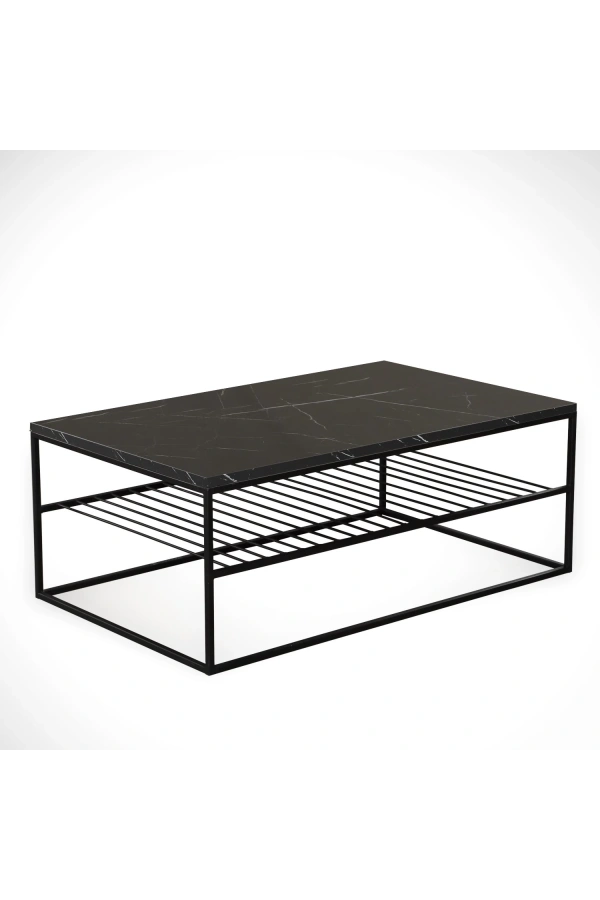 Pasific Home Etna Metal Ayaklı Orta Sehpa, Raflı Dikdörtgen Sehpa, Siyah Mermer