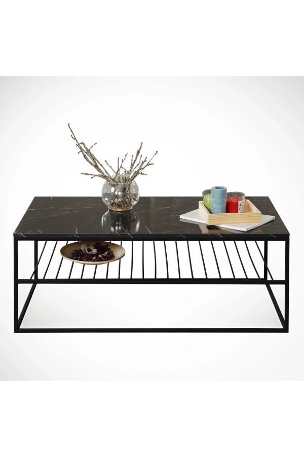 Pasific Home Etna Metal Ayaklı Orta Sehpa, Raflı Dikdörtgen Sehpa, Siyah Mermer