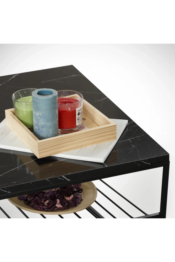 Pasific Home Etna Metal Ayaklı Orta Sehpa, Raflı Dikdörtgen Sehpa, Siyah Mermer