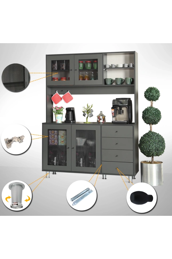 Pasific Home Grano Kahve Köşesi Çok Amaçlı Kiler Dolabı, 140 cm, Antrasit