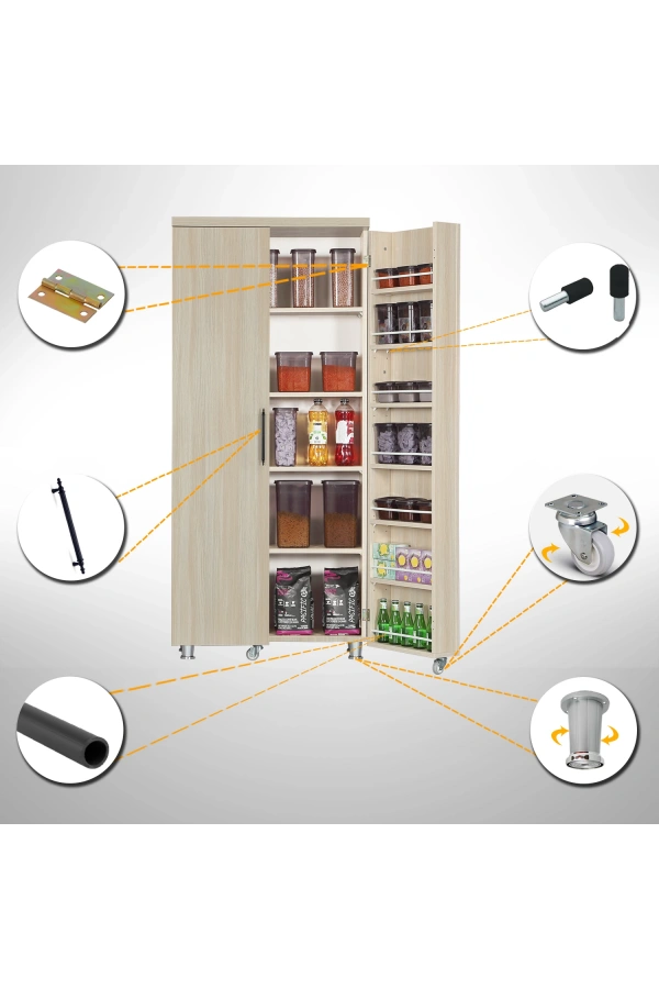 Pasific Home Guzzo Tekerlekli Kiler Dolabı, Çok Amaçlı Erzak  Dolabı, 80 cm ,Açık Meşe