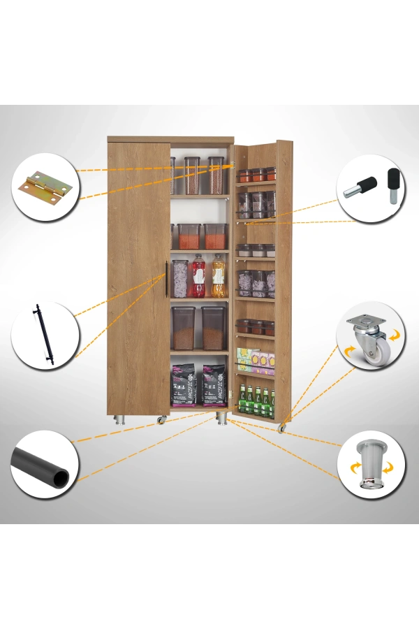 Pasific Home Guzzo Tekerlekli Kiler Dolabı, Çok Amaçlı Erzak  Dolabı, 80 cm , Koyu Meşe