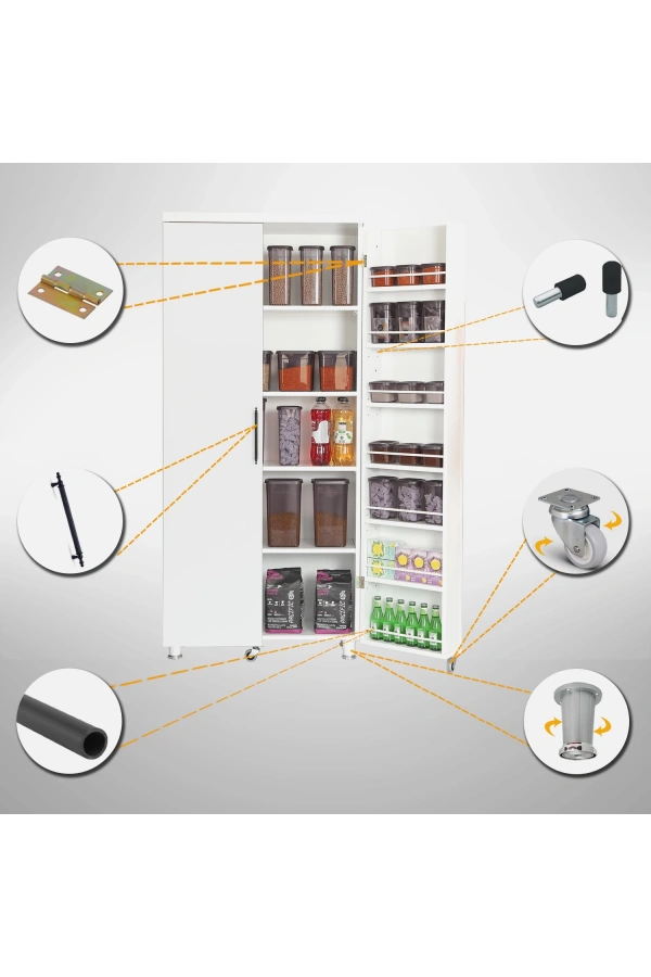 Pasific Home Guzzo Tekerlekli Kiler Dolabı, Çok Amaçlı Erzak Dolabı, 80 cm ,Parlak Beyaz