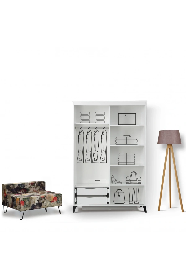 Pasific Home Huga Sürgülü 2 Kapaklı Aynalı Gardırop, Beyaz, 130cm