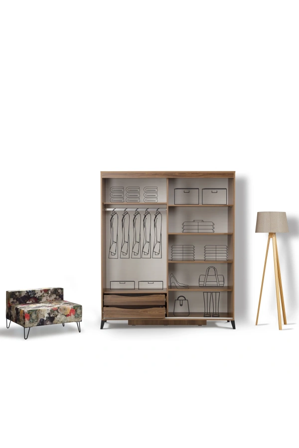 Pasific Home Huga Sürgülü 2 Kapaklı Aynalı Gardırop, Ceviz, 190 cm