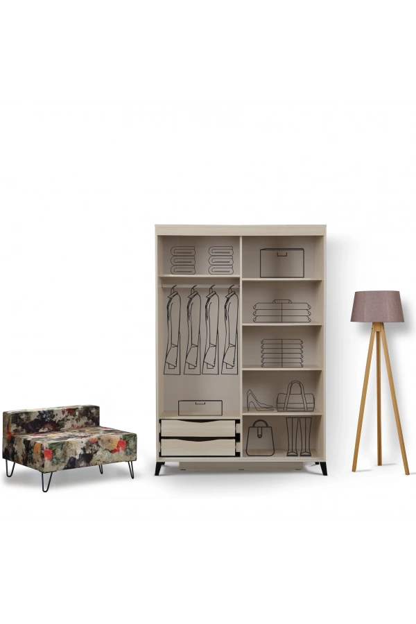 Pasific Home Huga Sürgülü 2 Kapaklı Aynalı Gardırop, Meşe, 120 cm