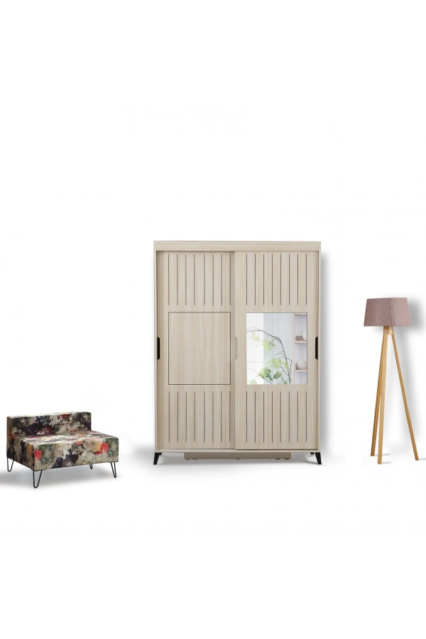 Pasific Home Huga Sürgülü 2 Kapaklı Aynalı Gardırop, Meşe, 130 cm