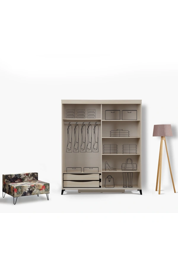 Pasific Home Huga Sürgülü 2 Kapaklı Aynalı Gardırop, Meşe, 150 cm