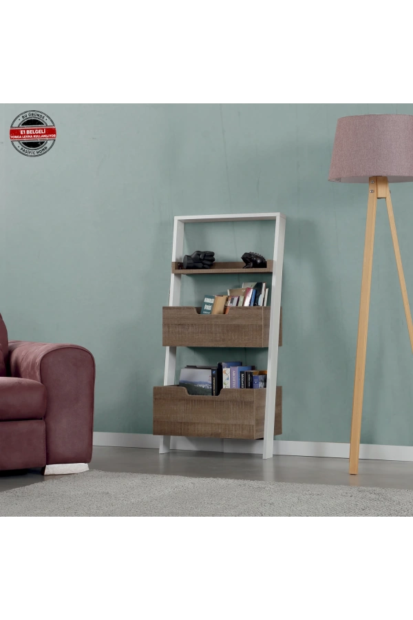 Pasific Home Low Çok Amaçlı Dekoratif Kitaplık ,Koyu Meşe & Beyaz, Montessori Dolap
