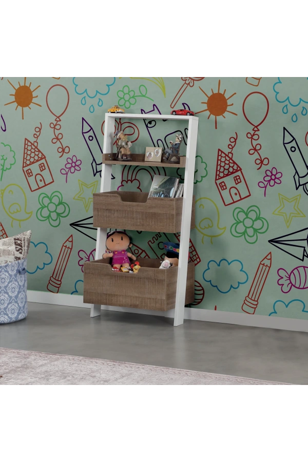 Pasific Home Low Çok Amaçlı Dekoratif Kitaplık ,Koyu Meşe & Beyaz, Montessori Dolap