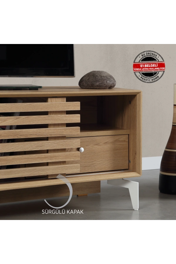 Pasific Home Lulu Metal Ayaklı Sürgülü Tv Ünitesi, 100 Cm, Meşe