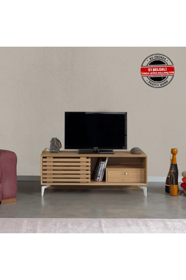 Pasific Home Lulu Metal Ayaklı Sürgülü Tv Ünitesi, 100 Cm, Meşe