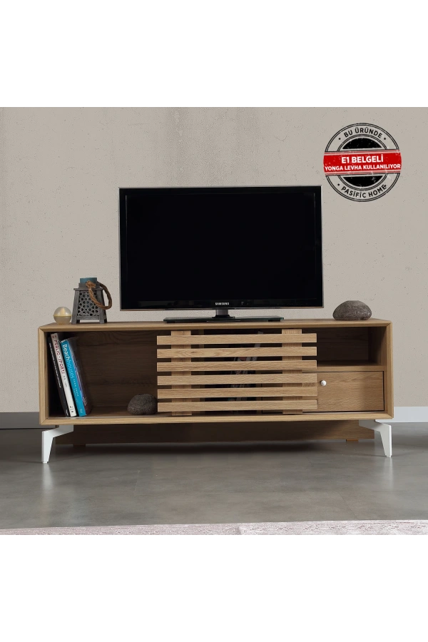 Pasific Home Lulu Metal Ayaklı Sürgülü Tv Ünitesi, 100 Cm, Meşe