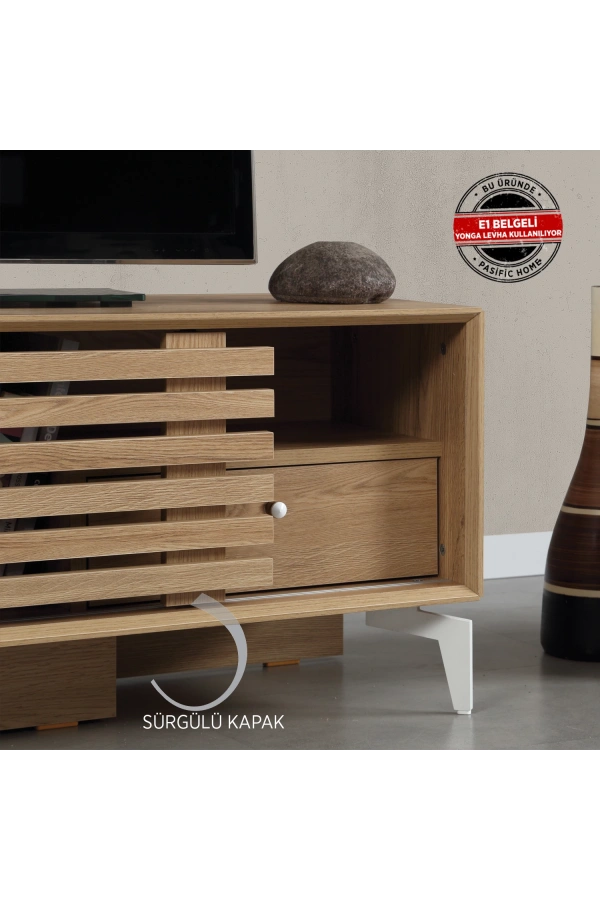 Pasific Home Lulu Metal Ayaklı Sürgülü Tv Ünitesi, 125 Cm, Meşe