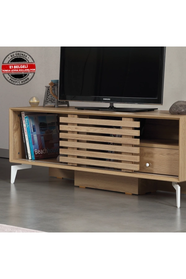Pasific Home Lulu Metal Ayaklı Sürgülü Tv Ünitesi, 125 Cm, Meşe