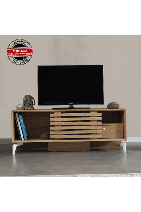 Pasific Home Lulu Metal Ayaklı Sürgülü Tv Ünitesi, 125 Cm, Meşe