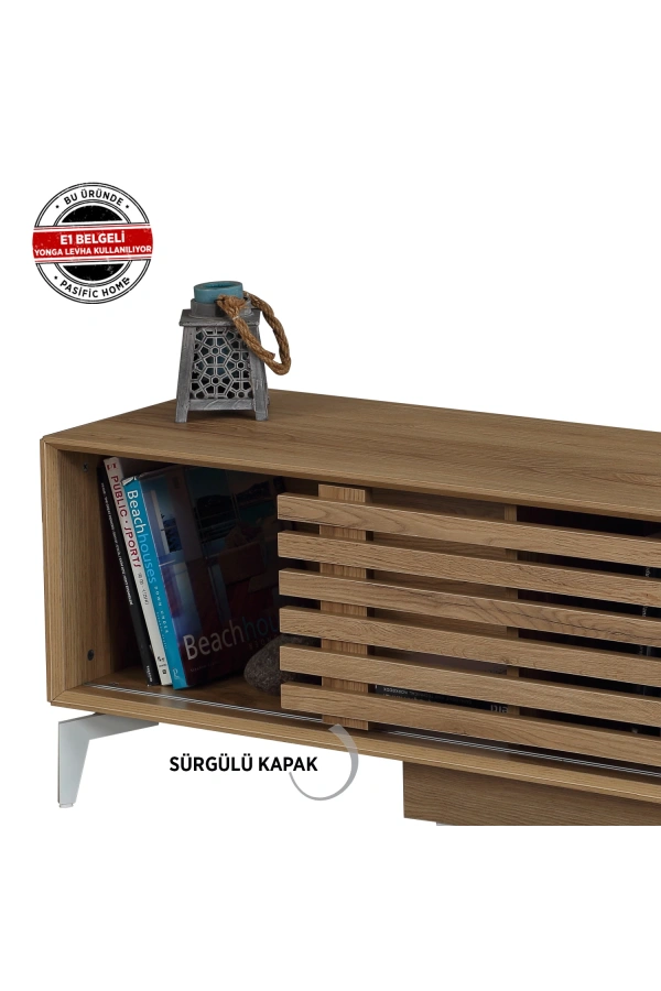 Pasific Home Lulu Metal Ayaklı Sürgülü Tv Ünitesi, 150 Cm, Meşe