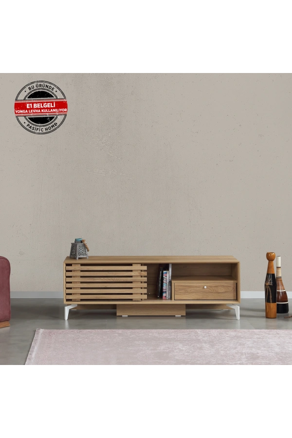 Pasific Home Lulu Metal Ayaklı Sürgülü Tv Ünitesi, 150 Cm, Meşe