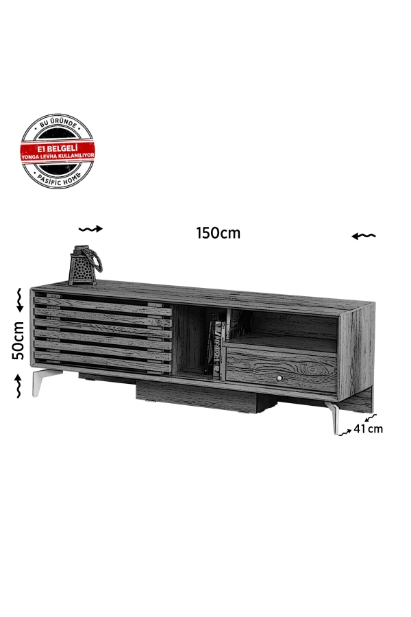 Pasific Home Lulu Metal Ayaklı Sürgülü Tv Ünitesi, 150 Cm, Meşe