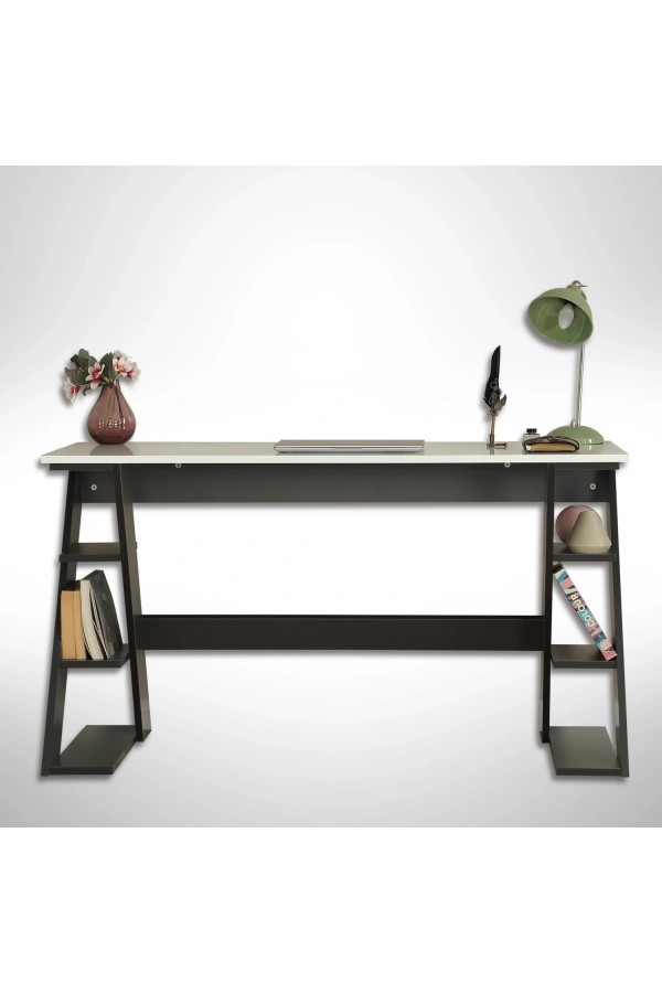 Pasific Home Lungo Raflı Çalışma Masası, Ofis Masası, 60X140 Cm, Antrasit&Beyaz