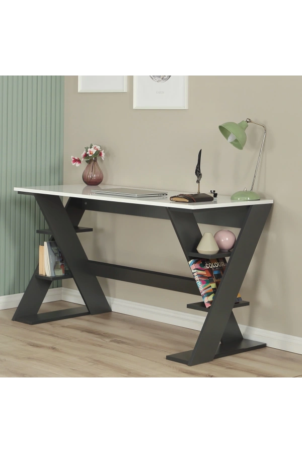 Pasific Home Lungo Raflı Çalışma Masası, Ofis Masası, 60X140 Cm, Antrasit&Beyaz