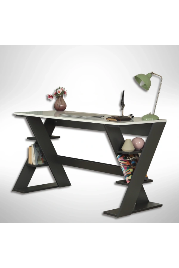 Pasific Home Lungo Raflı Çalışma Masası, Ofis Masası, 60X140 Cm, Antrasit&Beyaz