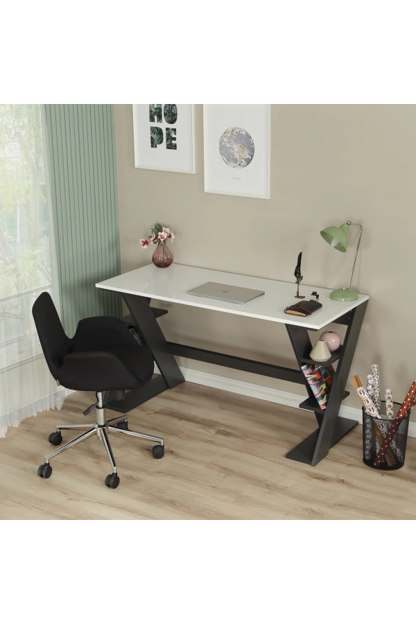 Pasific Home Lungo Raflı Çalışma Masası, Ofis Masası, 60X140 Cm, Antrasit&Beyaz