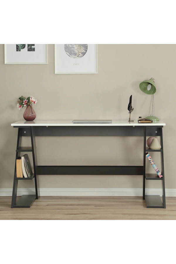 Pasific Home Lungo Raflı Çalışma Masası, Ofis Masası, 60X140 Cm, Antrasit&Beyaz