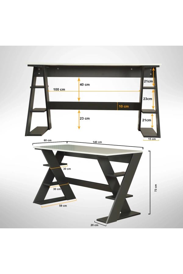 Pasific Home Lungo Raflı Çalışma Masası, Ofis Masası, 60X140 Cm, Antrasit&Beyaz