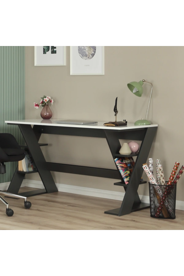Pasific Home Lungo Raflı Çalışma Masası, Ofis Masası, 60X140 Cm, Antrasit&Beyaz