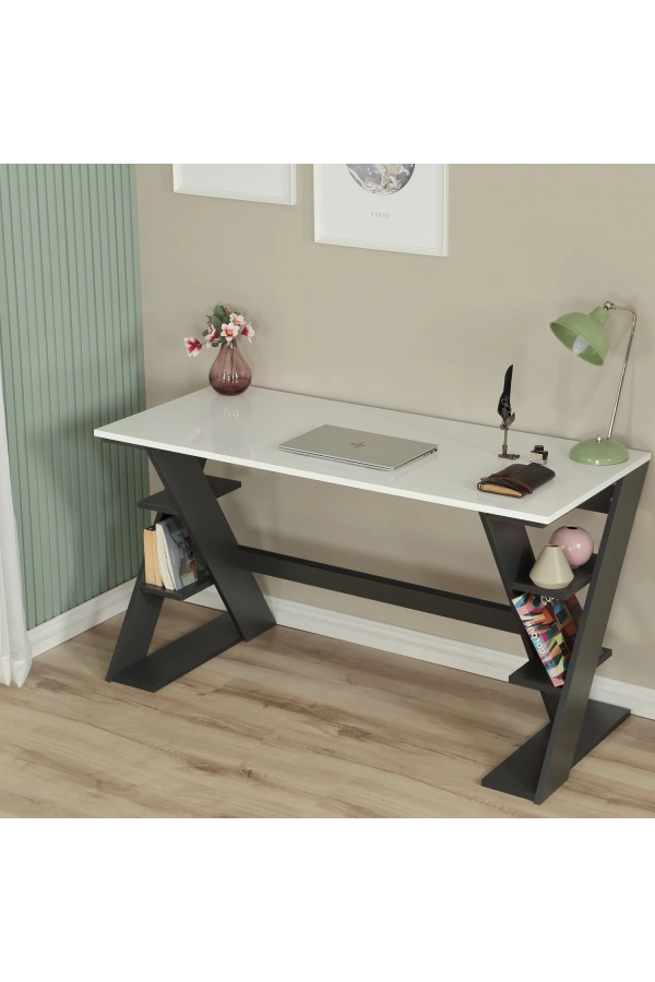 Pasific Home Lungo Raflı Çalışma Masası, Ofis Masası, 60X140 Cm, Antrasit&Beyaz
