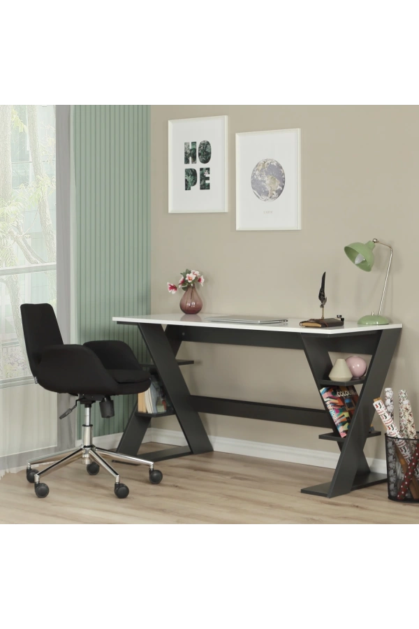 Pasific Home Lungo Raflı Çalışma Masası, Ofis Masası, 60X140 Cm, Antrasit&Beyaz