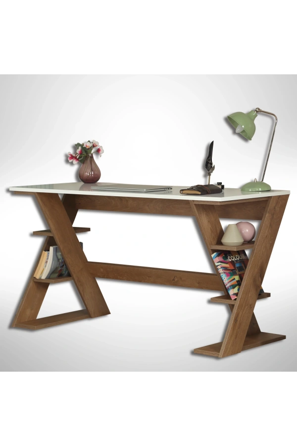 Pasific Home Lungo Raflı Çalışma Masası, Ofis Masası, 60X140 Cm, Koyu Meşe&Beyaz