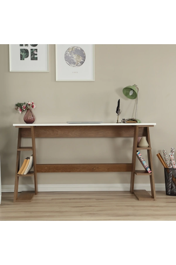 Pasific Home Lungo Raflı Çalışma Masası, Ofis Masası, 60X140 Cm, Koyu Meşe&Beyaz