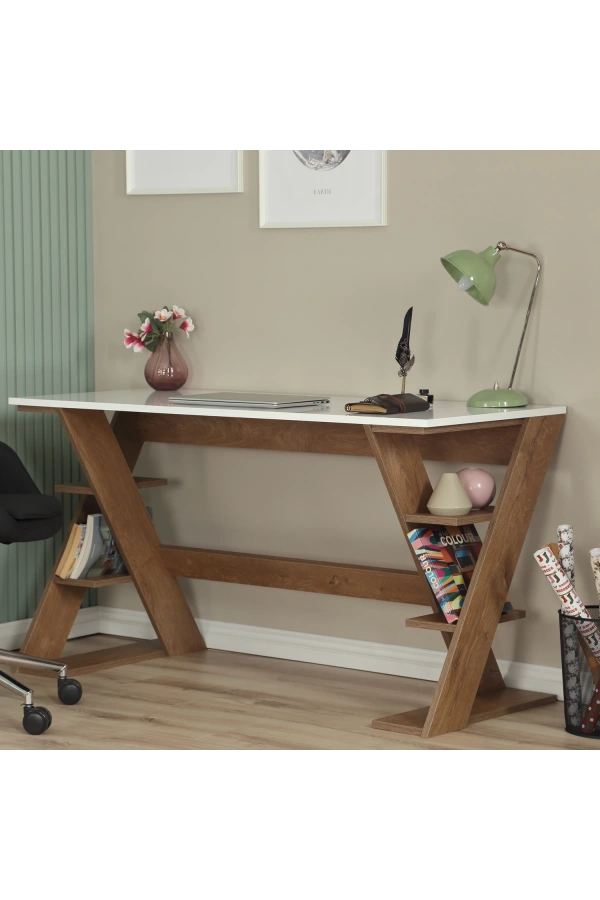 Pasific Home Lungo Raflı Çalışma Masası, Ofis Masası, 60X140 Cm, Koyu Meşe&Beyaz