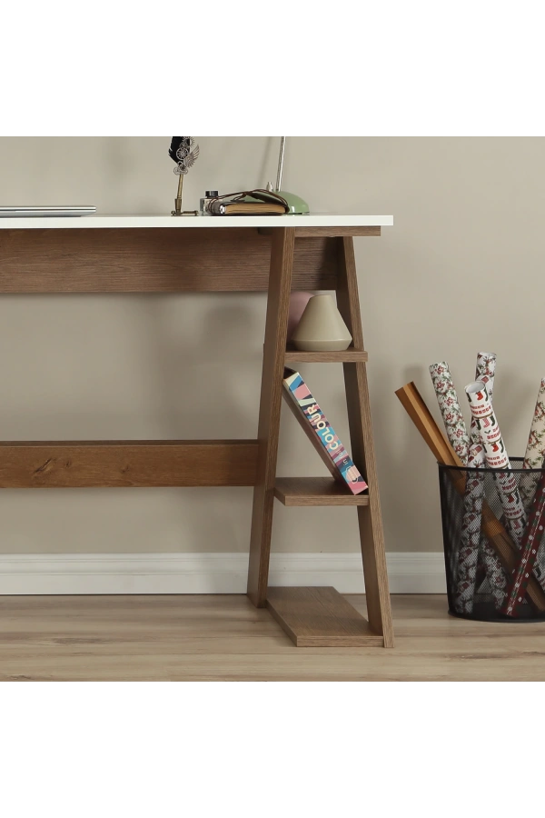 Pasific Home Lungo Raflı Çalışma Masası, Ofis Masası, 60X140 Cm, Koyu Meşe&Beyaz