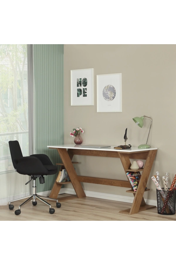 Pasific Home Lungo Raflı Çalışma Masası, Ofis Masası, 60X140 Cm, Koyu Meşe&Beyaz