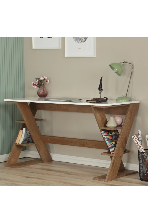 Pasific Home Lungo Raflı Çalışma Masası, Ofis Masası, 60X140 Cm, Koyu Meşe&Beyaz