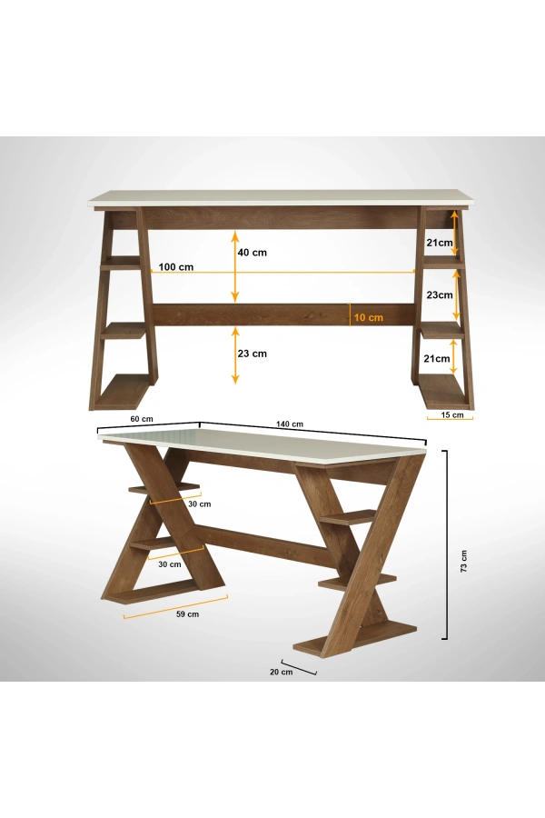 Pasific Home Lungo Raflı Çalışma Masası, Ofis Masası, 60X140 Cm, Koyu Meşe&Beyaz