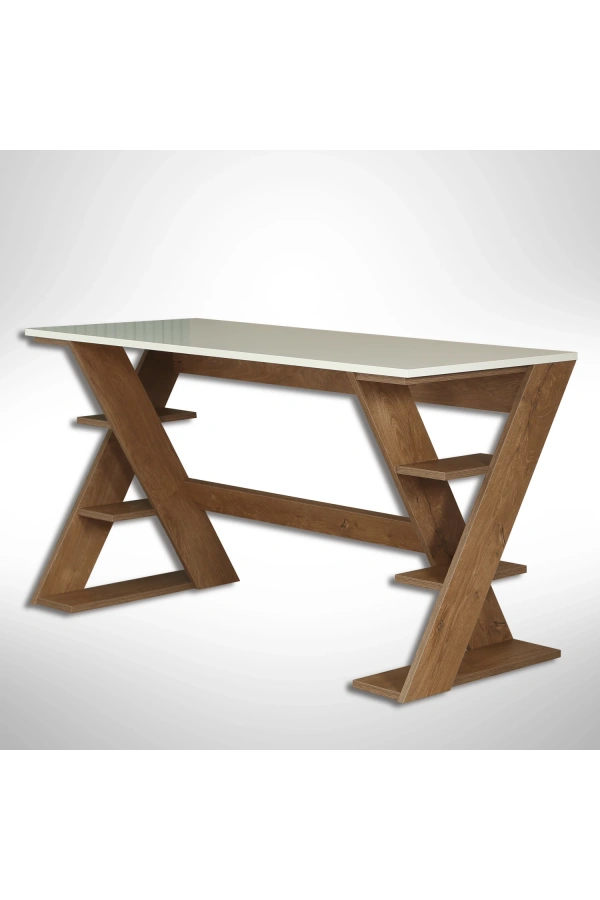 Pasific Home Lungo Raflı Çalışma Masası, Ofis Masası, 60X140 Cm, Koyu Meşe&Beyaz